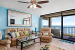 Enjoy bay views and plenty of seating in the living room 